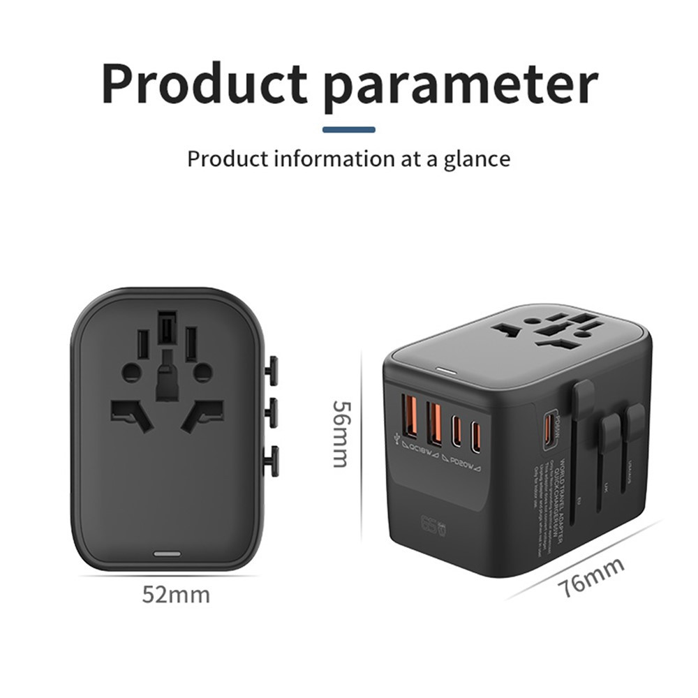 HHT906 PD 65W GaN Worldwide Travel Power Adapter 2xUSB+3xType-C Wall Charger Plug Converter - Black
