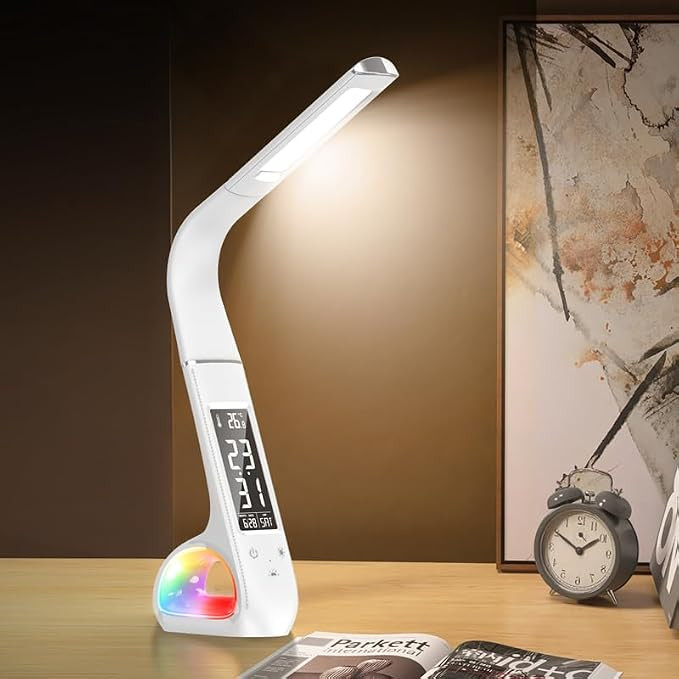 Coverzone Portable LED Desk Lamp, RGB Lighting, Smart VA Display, Touch Control, 1200mAh Rechargeable Battery, 3 Color Options | S2311 w/Clock and Alarm